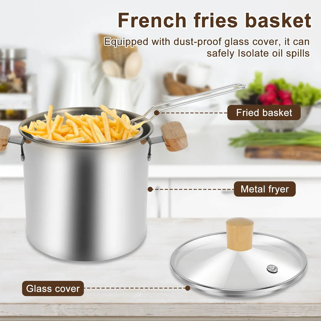 Stainless Steel Deep Fryer Pot, 4000ml Tempura Pot with Strainer Basket Wood Handles for Fried Food
