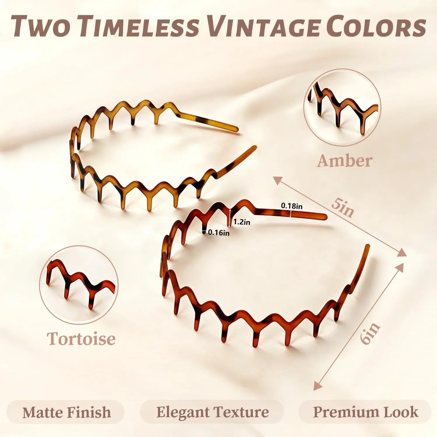 2 Pack Women's Headbands, Non Slip Wavy Comb Hairbands for Daily Styling, Matte Amber and Tortoise