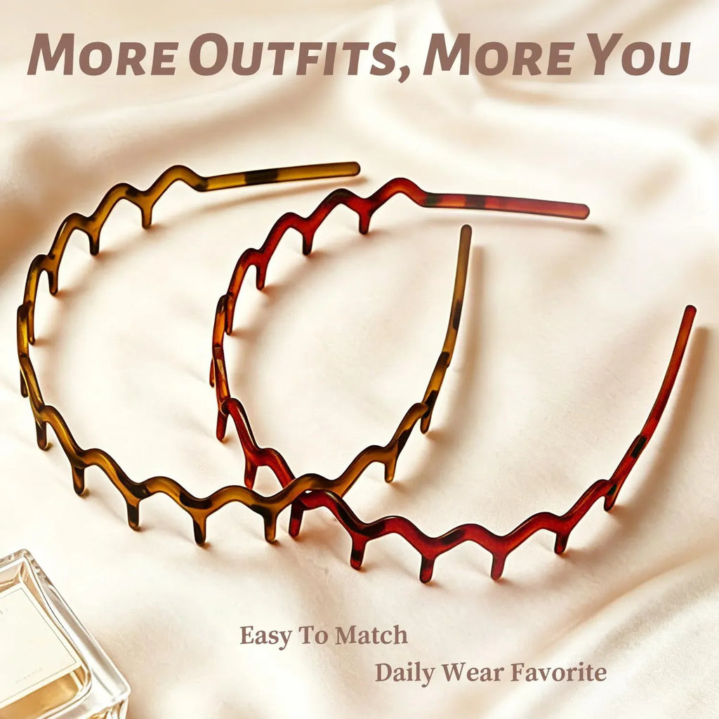 2 Pack Women's Headbands, Non Slip Wavy Comb Hairbands for Daily Styling, Matte Amber and Tortoise