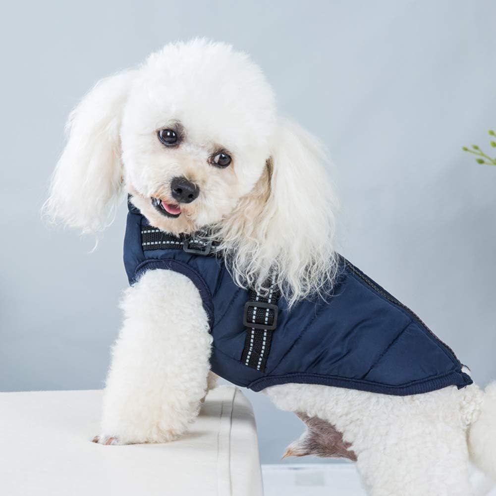 Blue Winter Waterproof Dog Jacket with Built-in Harness, Zipper Fastening and Soft Coral Fleece Lining, Size M for Medium Dogs with Reflective Safety Design