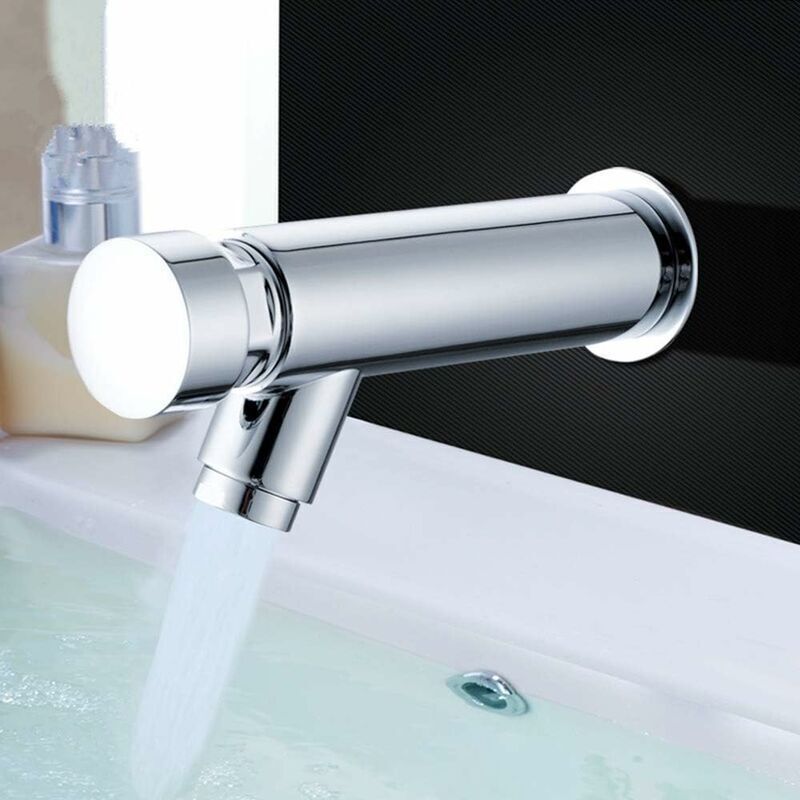 Modern Self-closing Brass Bathroom Sink Faucet, G1/2 Thread, cold water use, water-saving flow, ceramic cartridge, Chrome Finish