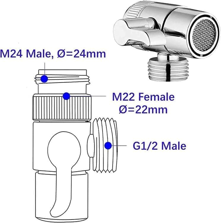 Faucet Adapter with Distributor- 3-Way Switch with M22/M24 Thread/G1/2" Threads for Kitchen Faucet & Hand Shower, solid brass material, Chrome Finish