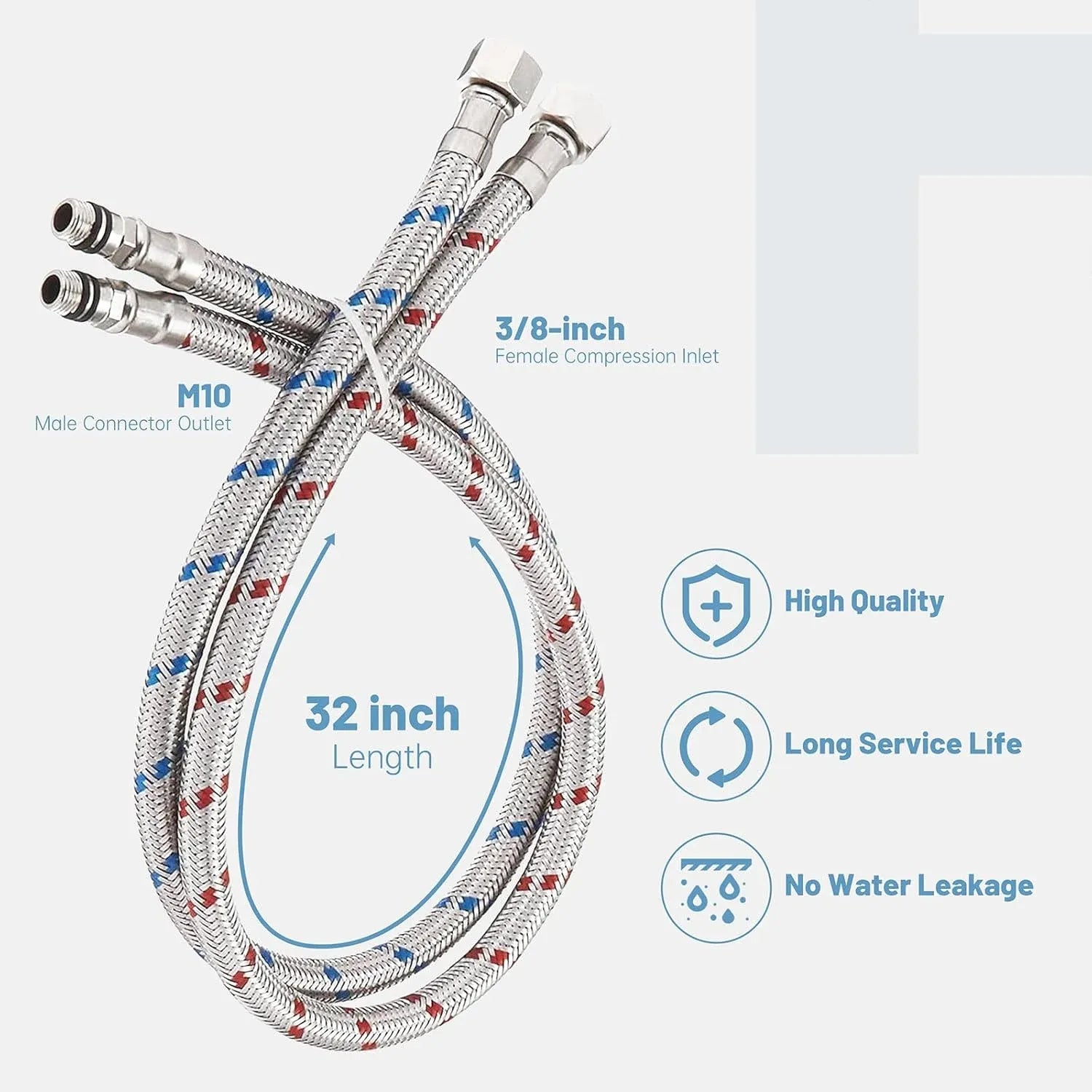 Bathroom Kitchen Faucet Connector Hoses, Braided Stainless Steel Supply Lines, 3/8 Inch Female x M10 Male, 32 Inch, 2 Pack