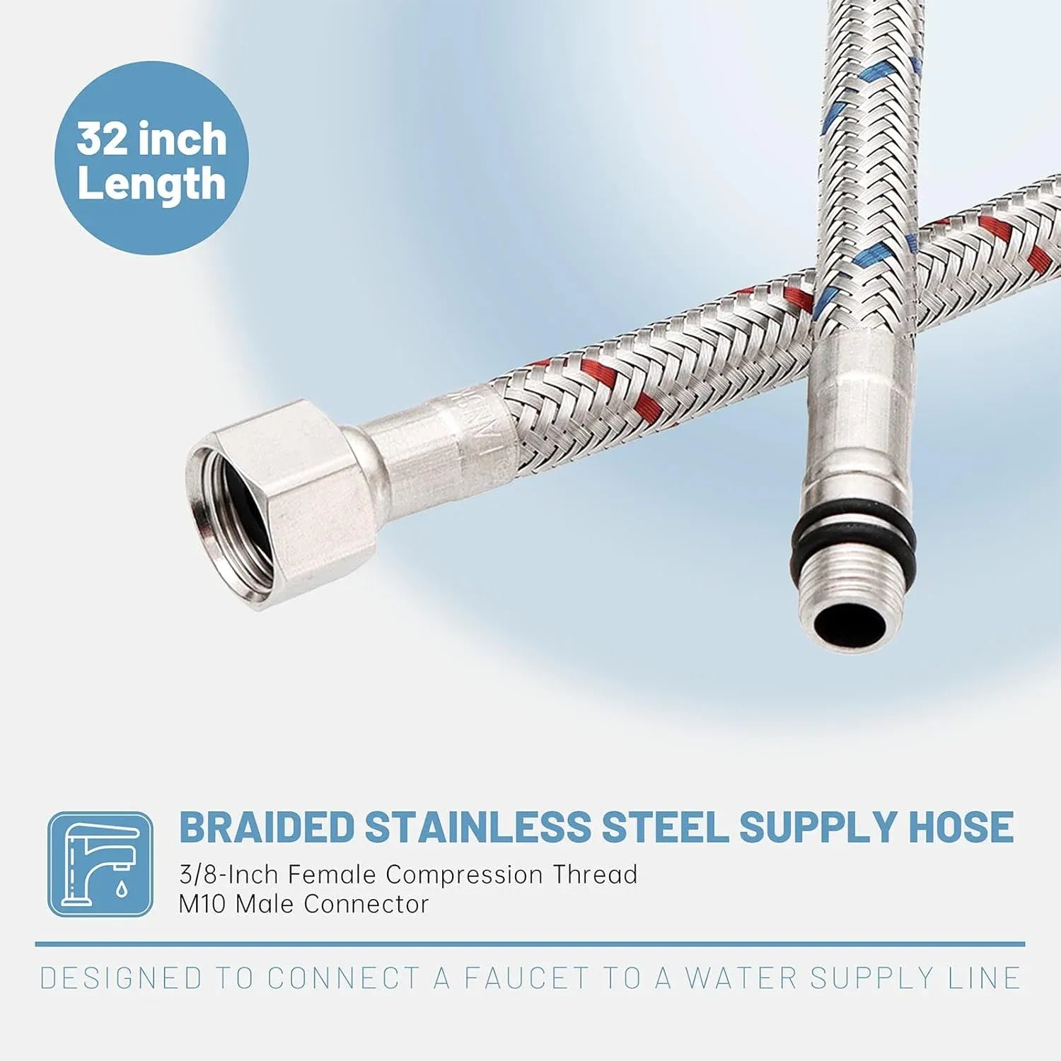 Bathroom Kitchen Faucet Connector Hoses, Braided Stainless Steel Supply Lines, 3/8 Inch Female x M10 Male, 32 Inch, 2 Pack