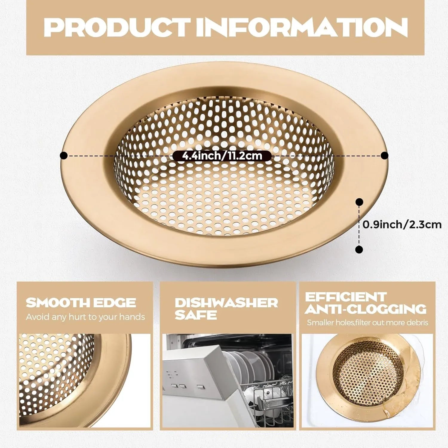 Kitchen Sink Strainer 2 Pack, Stainless Steel Drain Basket Cover Food and Hair Catcher for Kitchen Sink, Champagne Bronze, 4.4 Inch