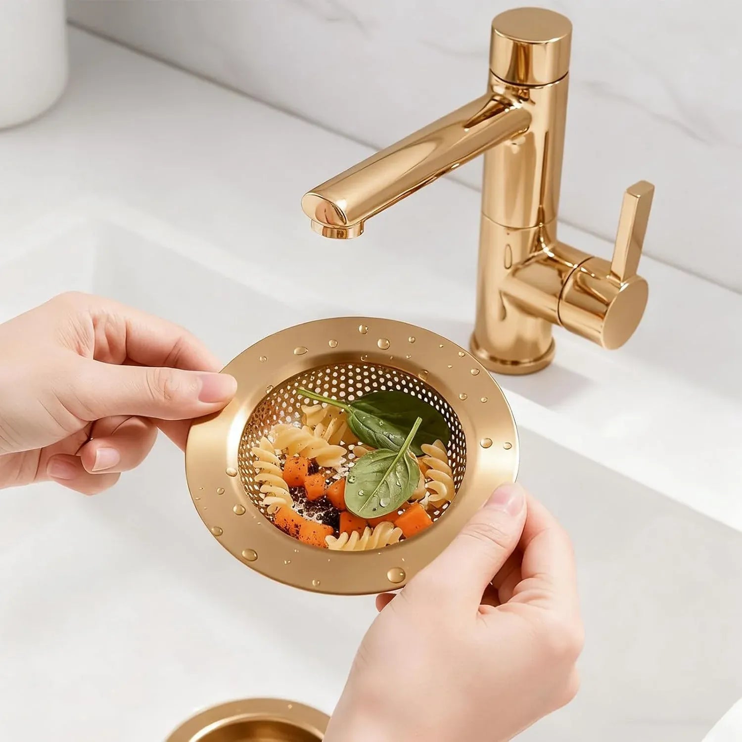 Kitchen Sink Strainer 2 Pack, Stainless Steel Drain Basket Cover Food and Hair Catcher for Kitchen Sink, Champagne Bronze, 4.4 Inch