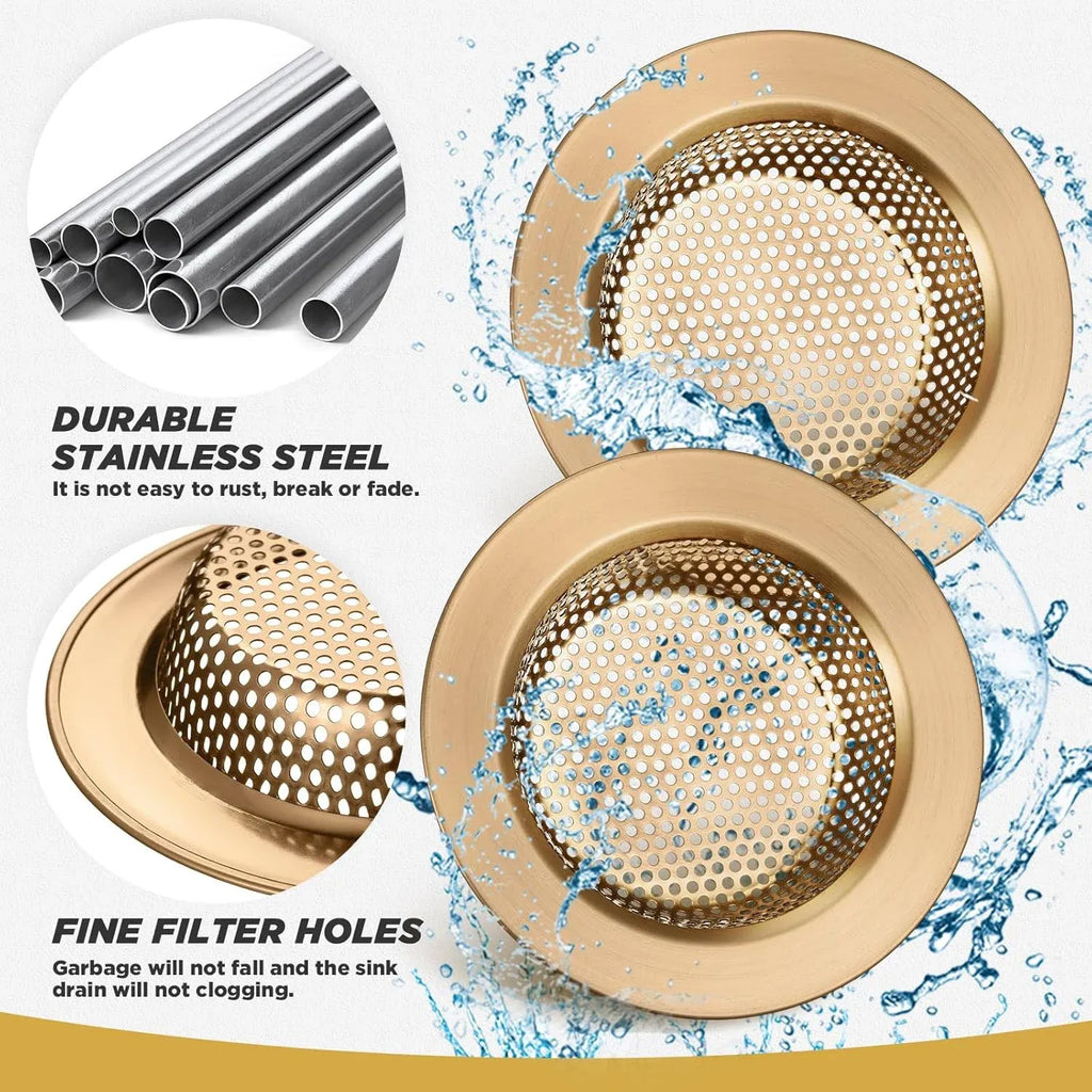 Kitchen Sink Strainer 2 Pack, Stainless Steel Drain Basket Cover Food and Hair Catcher for Kitchen Sink, Champagne Bronze, 4.4 Inch