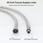 Faucet Supply Lines Braided Stainless Steel 3/8 Comp x M10 Male Connector for Faucet Installation 40 Inch 2 Pack