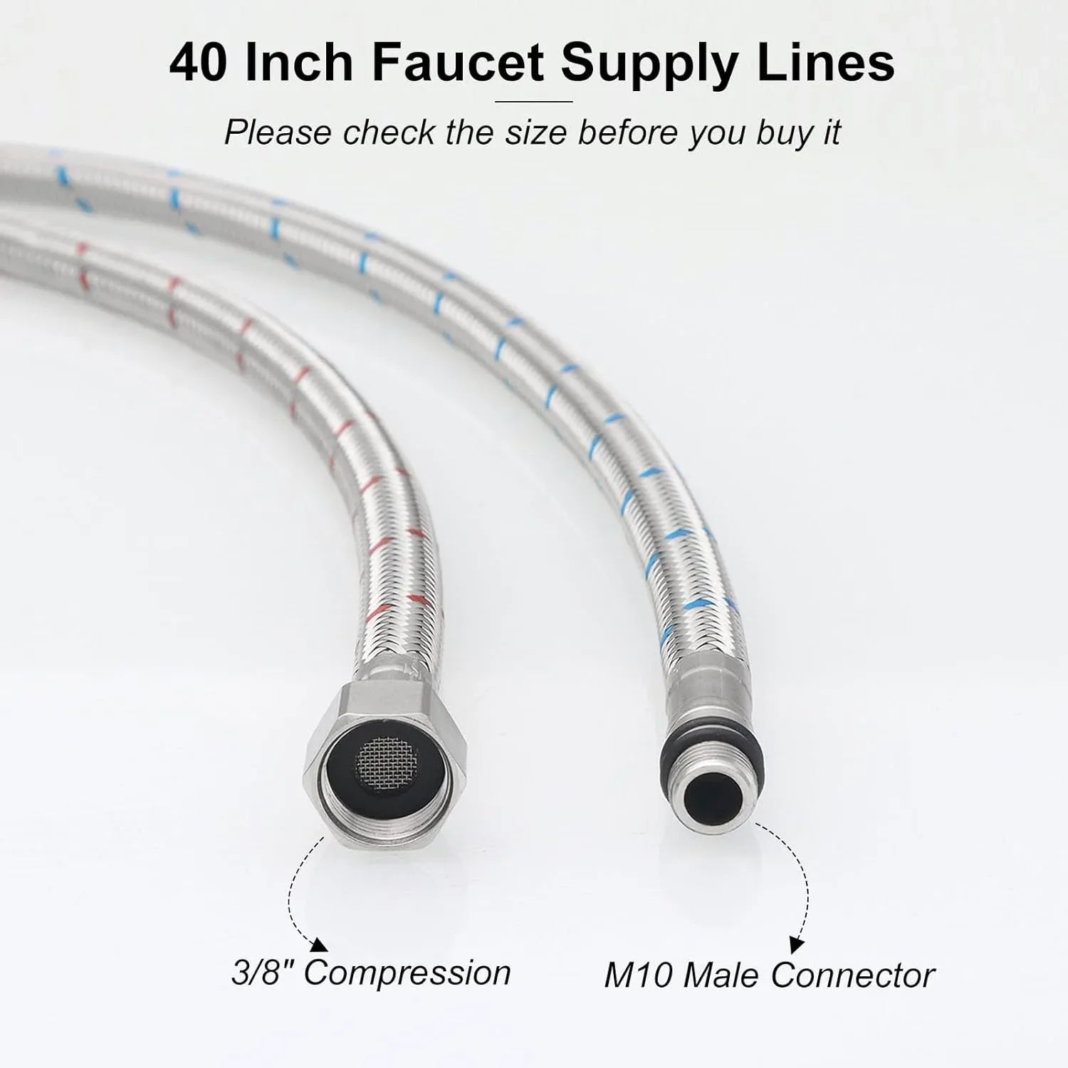 Faucet Supply Lines Braided Stainless Steel 3/8 Comp x M10 Male Connector for Faucet Installation 40 Inch 2 Pack