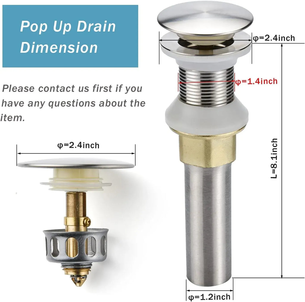 Bathroom Sink Drain Pop Up Assembly with Detachable Strainer Basket, Stainless Steel for Vanity Sink, Brushed Nickel