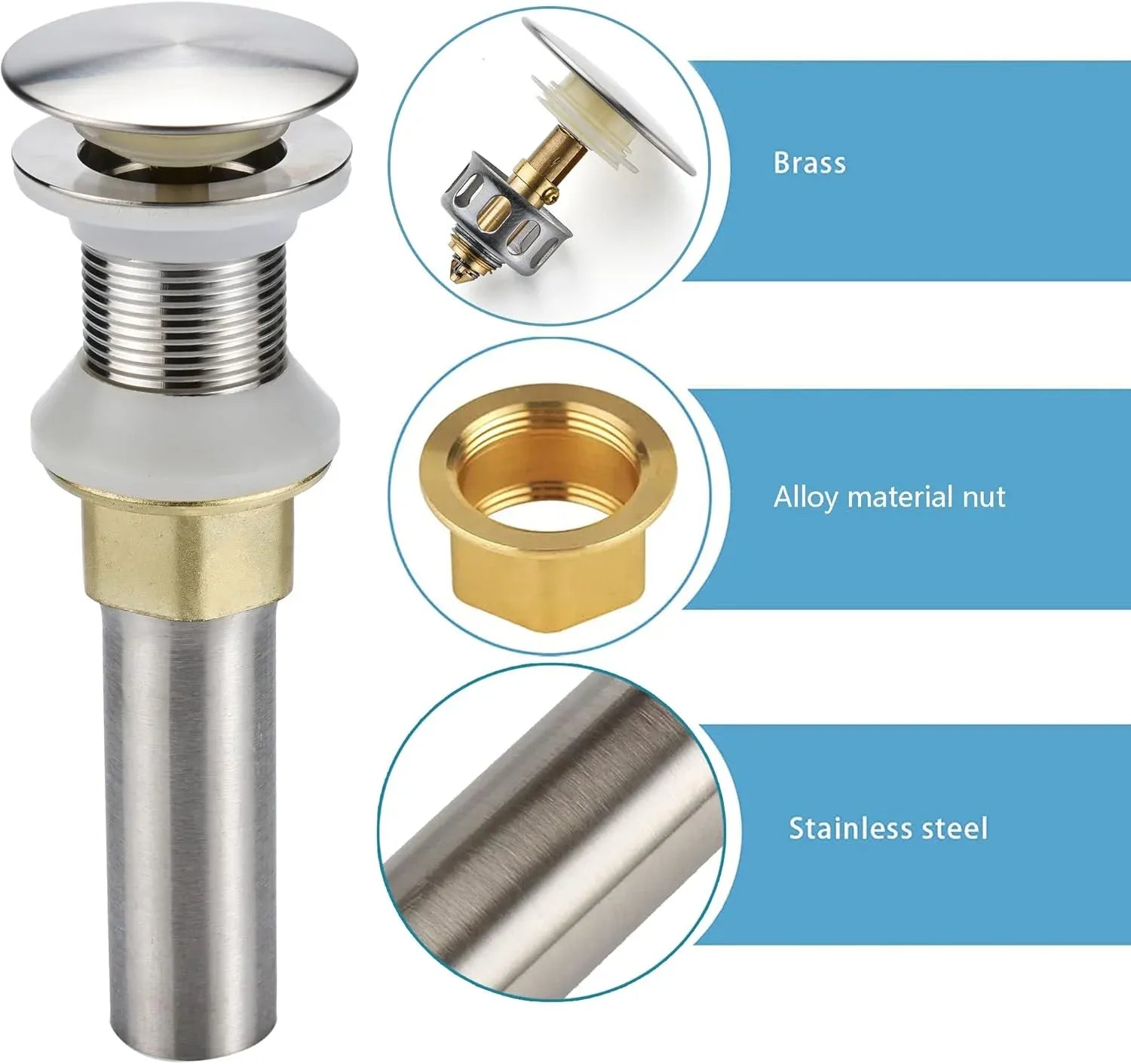 Bathroom Sink Drain Pop Up Assembly with Detachable Strainer Basket, Stainless Steel for Vanity Sink, Brushed Nickel