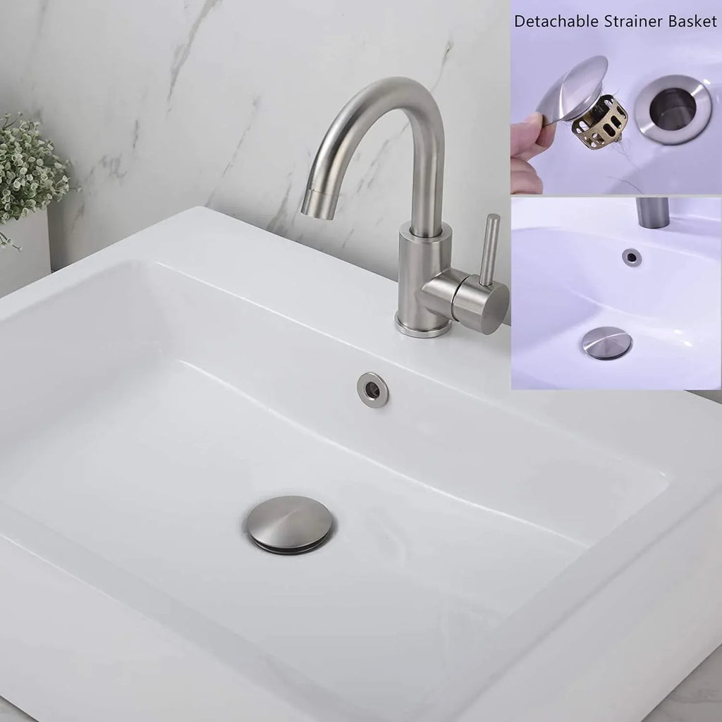 Bathroom Sink Drain Pop Up Assembly with Detachable Strainer Basket, Stainless Steel for Vanity Sink, Brushed Nickel