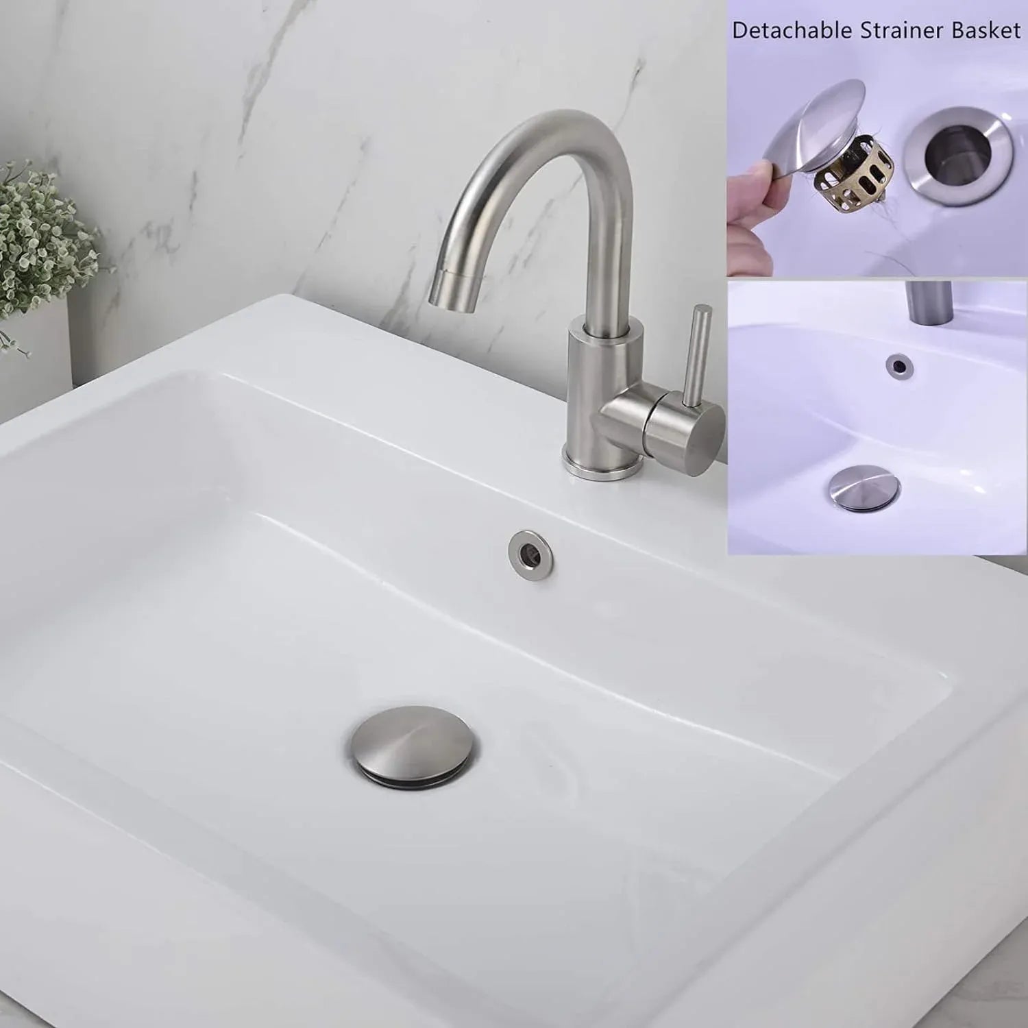 Bathroom Sink Drain Pop Up Assembly with Detachable Strainer Basket, Stainless Steel for Vanity Sink, Brushed Nickel