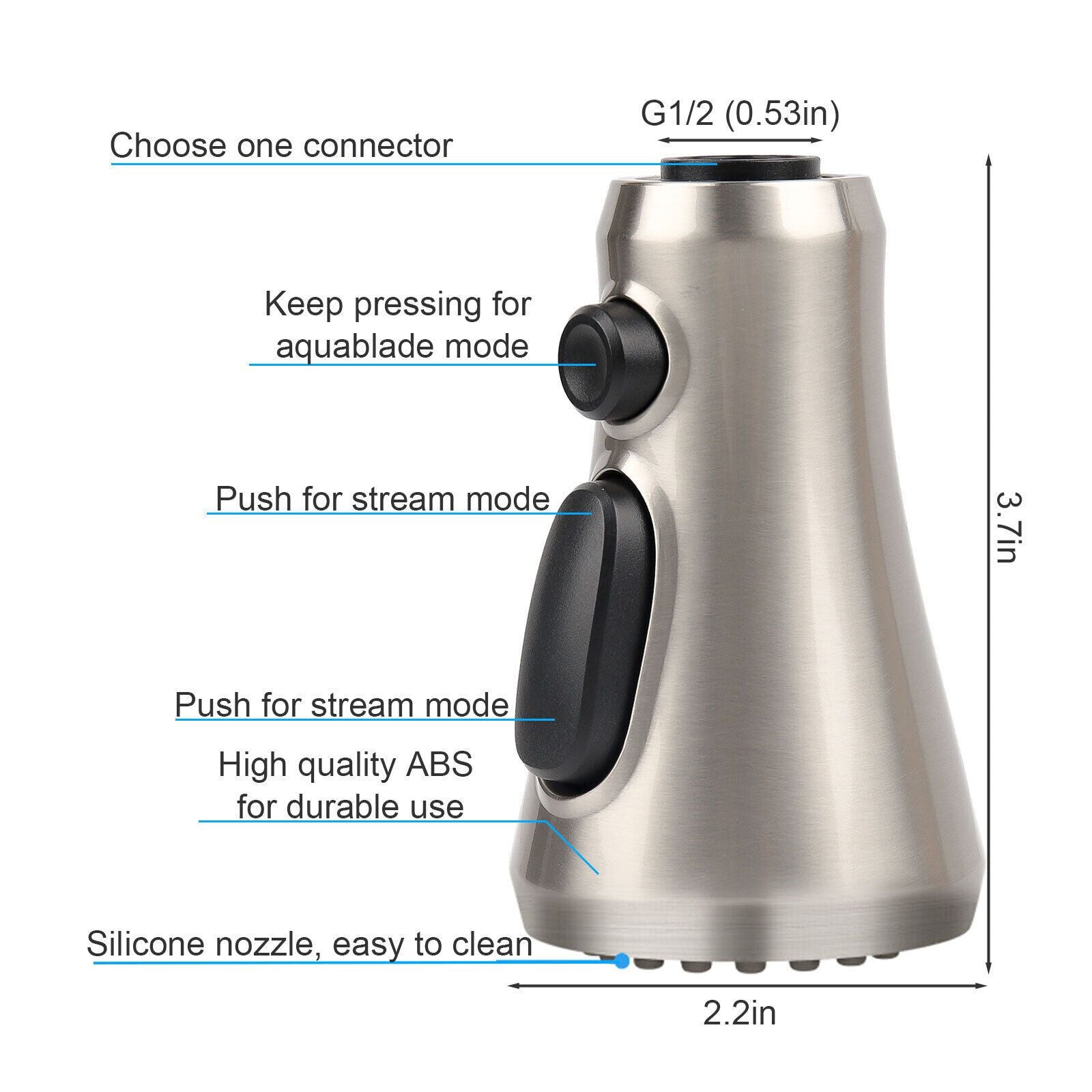 Pull Down Kitchen Faucet Spray Head Replacement, 3 Spray Modes, G1/2 Sink Aerator for Kitchen Sink, Brushed Nickel