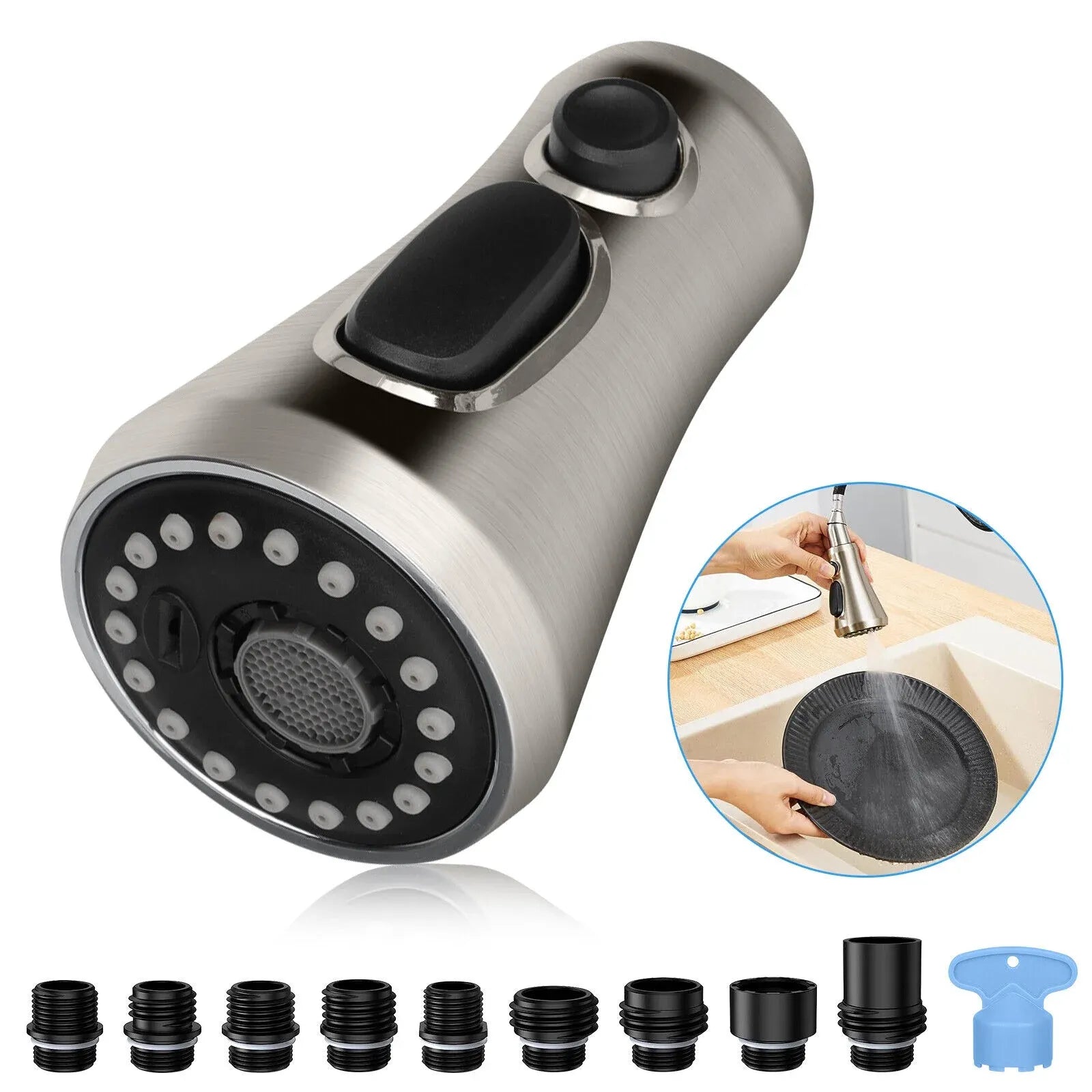 Pull Down Kitchen Faucet Spray Head Replacement, 3 Spray Modes, G1/2 Sink Aerator for Kitchen Sink, Brushed Nickel