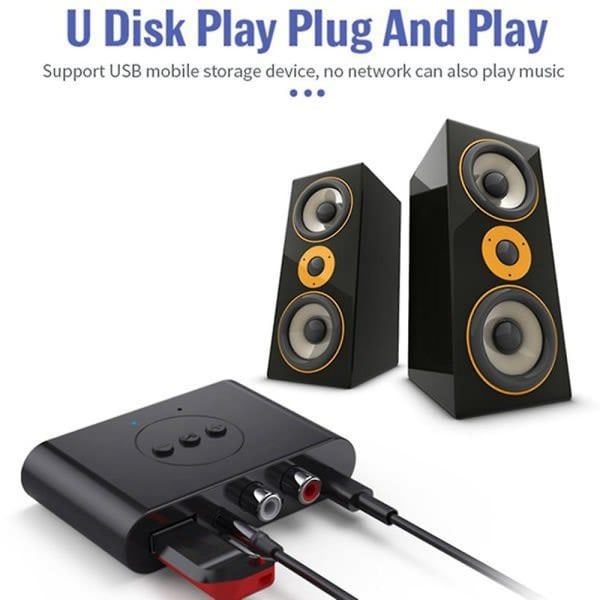Bluetooth 5.2 Audio Receiver NFC USB Memory RCA 3.5mm Aux USB Stereo Music Wireless Adapter Wireless, Plastic + Metal material, Black Color