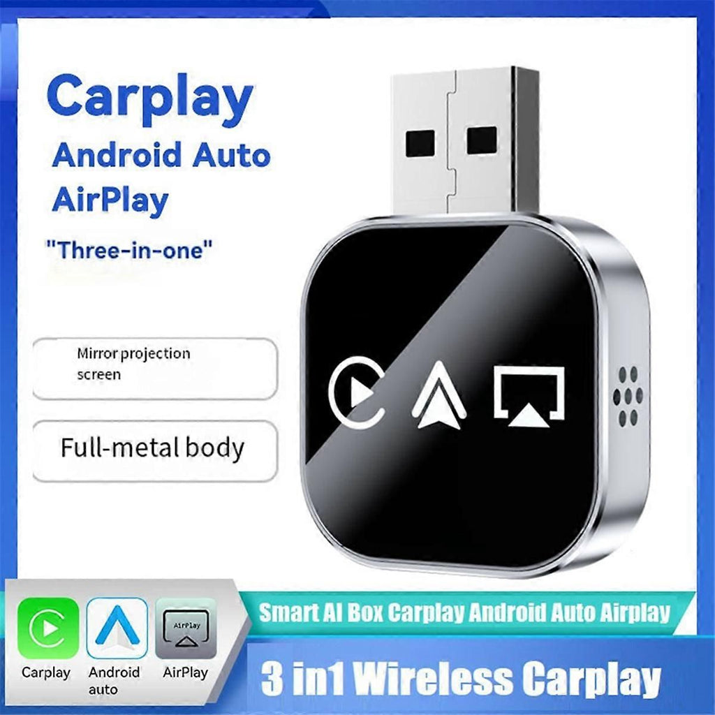 3-in-1 Wireless CarPlay Adapter Smart CarPlay AirPlay Android Auto USB Dongle Wired CarPlay to Wireless, Metal material, Black/Silver Color Options