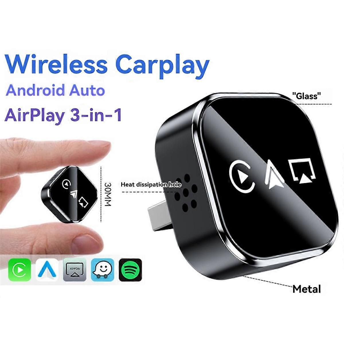 3-in-1 Wireless CarPlay Adapter AirPlay CarPlay Android Auto USB Dongle Plug and Play Wired CarPlay for, Metal material, Black/Silver Color Options