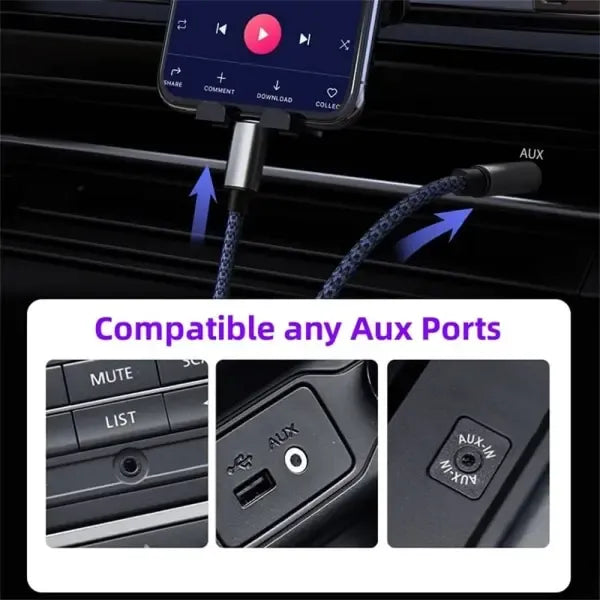Braided Nylon USB C & Lightning to 3.5mm Jack Audio Adapter Aux Cable, wireless audio upgrade, vehicle stereo use