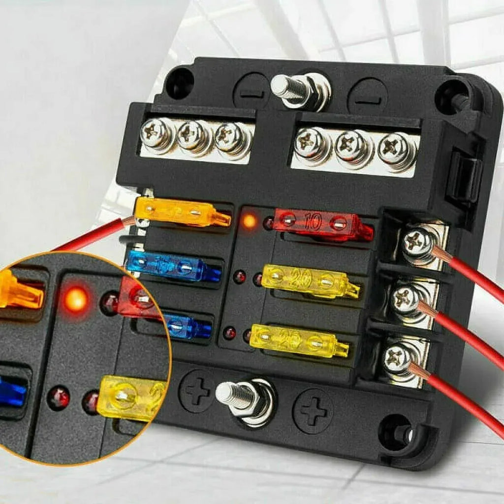 6 Way Waterproof Fuse Block with LED Indicator and Negative Bus, 12V 24V Marine Fuse Box for Car and Boat, Waterproof Design