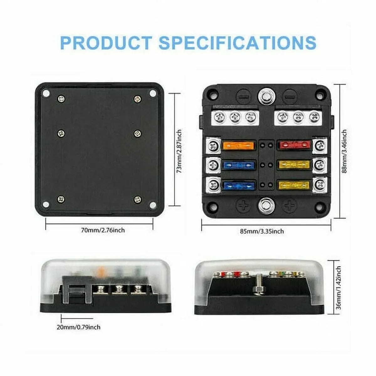 6 Way Waterproof Fuse Block with LED Indicator and Negative Bus, 12V 24V Marine Fuse Box for Car and Boat, Waterproof Design