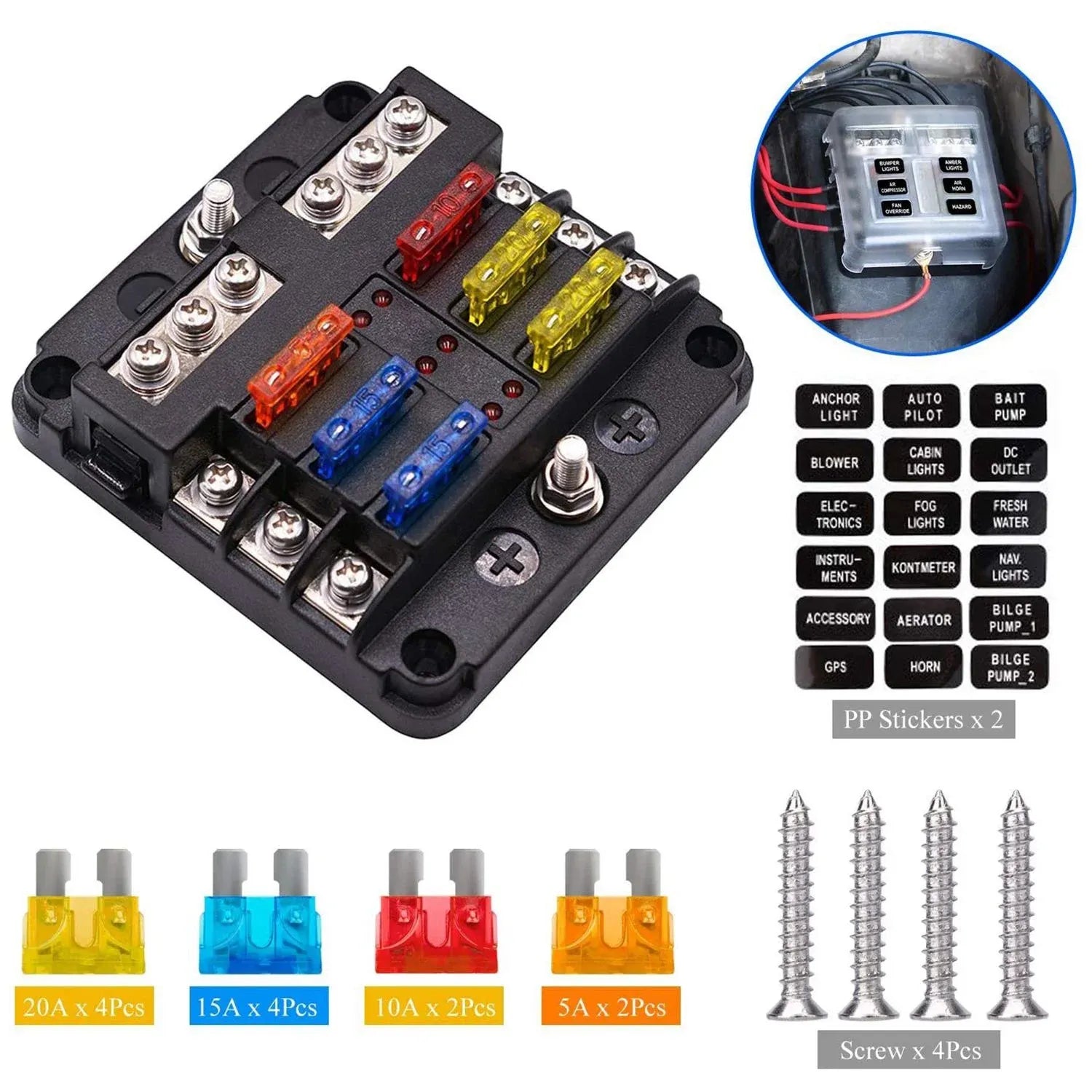 6 Way Waterproof Fuse Block with LED Indicator and Negative Bus, 12V 24V Marine Fuse Box for Car and Boat, Waterproof Design
