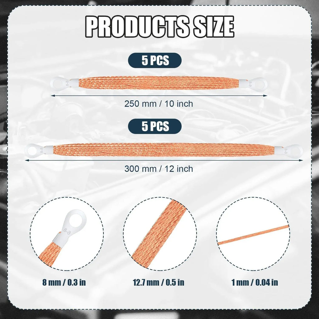 Automotive Ground Straps 10 Pack, Braided Copper Engine Bond Straps for Cars and Motorcycles, 10 Inch and 12 Inch