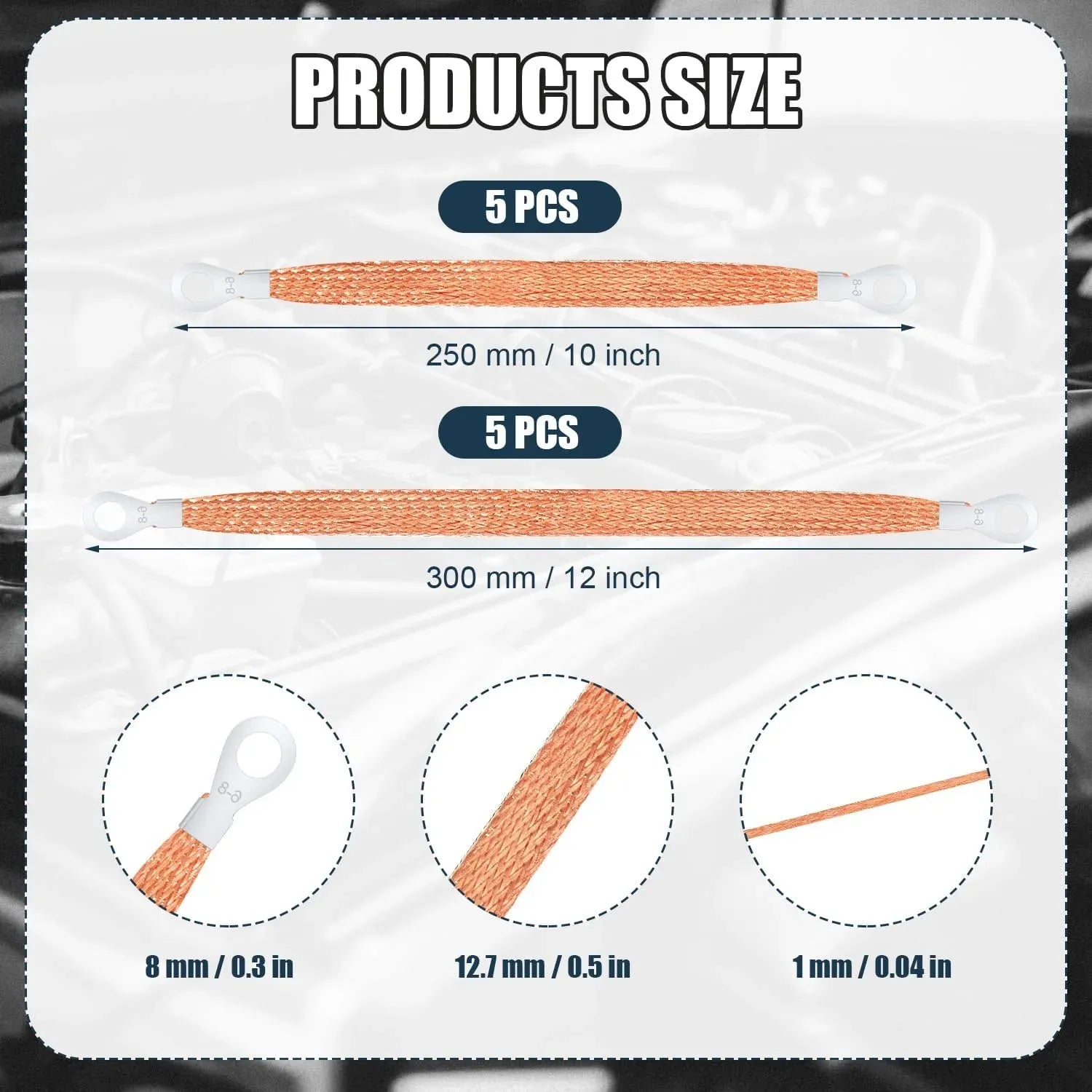 Automotive Ground Straps 10 Pack, Braided Copper Engine Bond Straps for Cars and Motorcycles, 10 Inch and 12 Inch