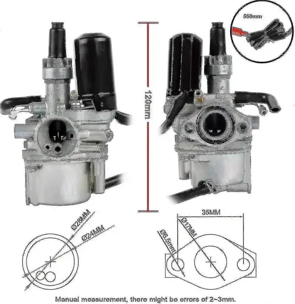 Carburetor for 50cc 2-Stroke Motorcycle Engine, Electric Choke Carb with 17mm Intake and 28mm Air Filter Interface