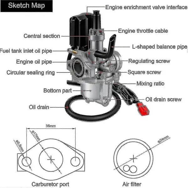 Carburetor for 50cc 2-Stroke Motorcycle Engine, Electric Choke Carb with 17mm Intake and 28mm Air Filter Interface