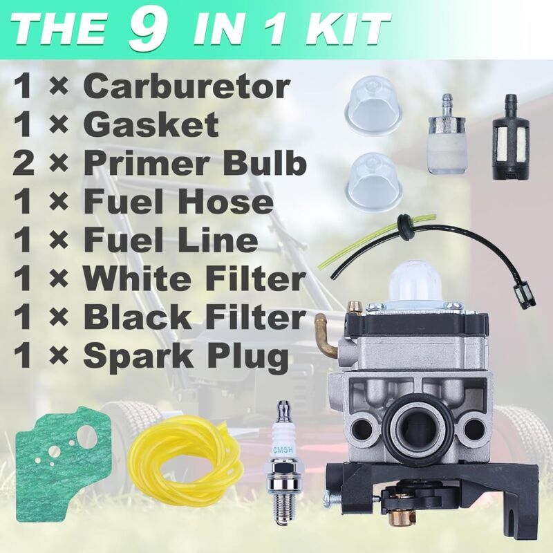 9 in 1 Carburetor Kit for Honda GX25 GX35 FG110 HHT25 HHT35 Engine, with Gasket Filter Fuel Line Spark Plug Bulb