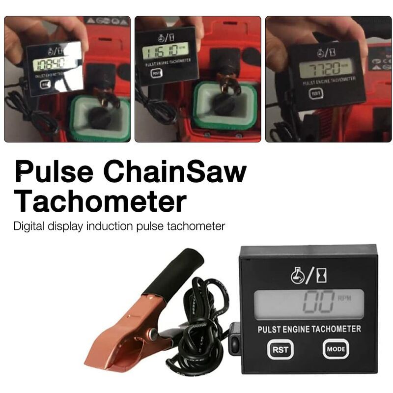Inductive Digital Tachometer for 2-Stroke Engines, Chainsaw Lawnmower Motorcycle RPM Meter with Replaceable Battery