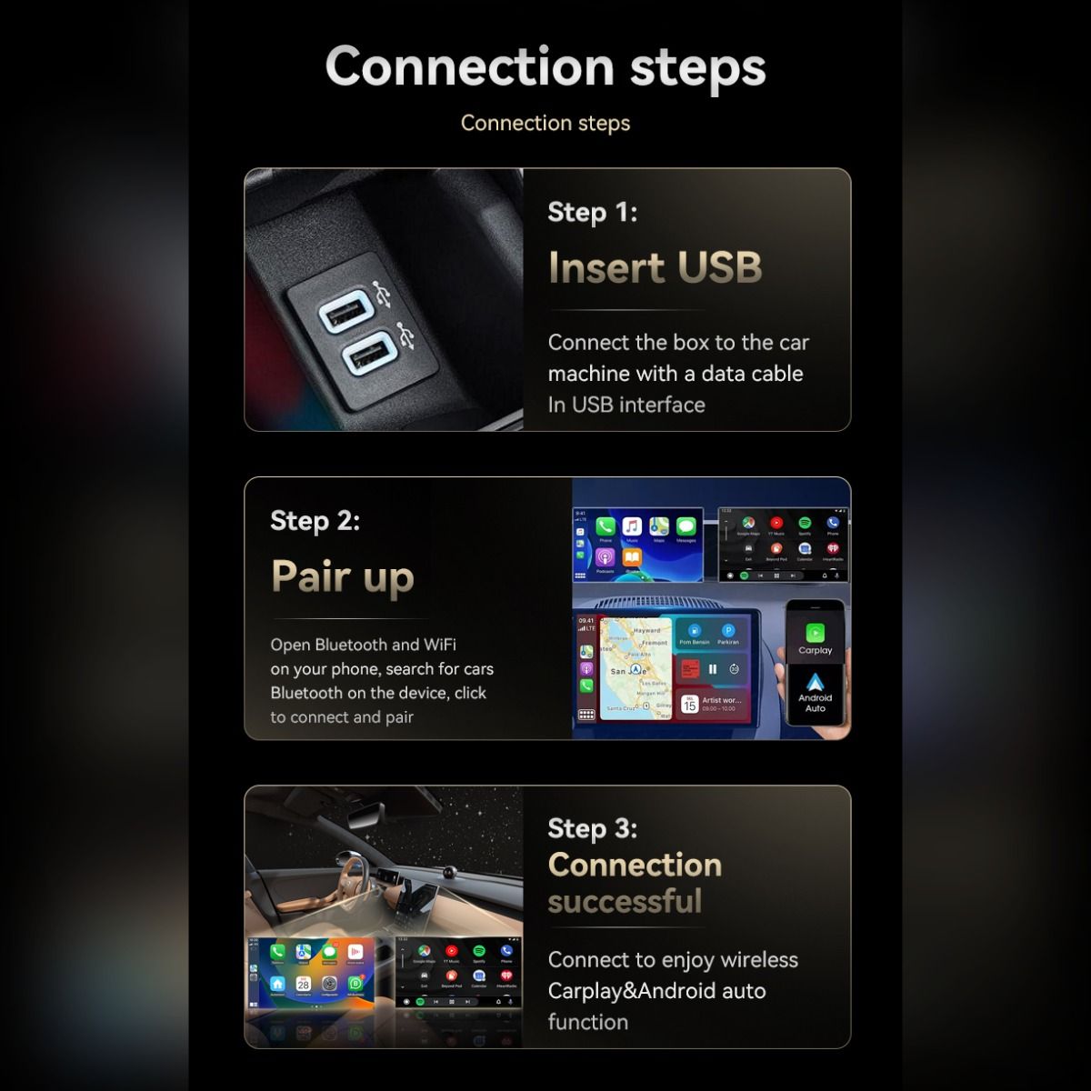 Wireless CarPlay Android Auto 2-in-1 Smart Car Connection Box for Apple iPhone and Android Devices, Size 33, Black