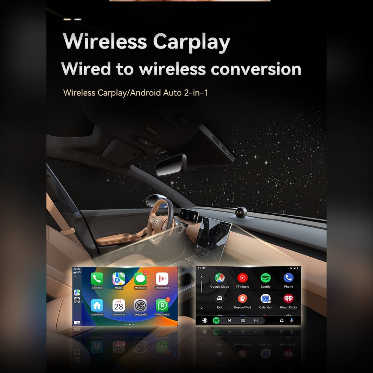 Wireless CarPlay Android Auto 2-in-1 Smart Car Connection Box for Apple iPhone and Android Devices, Size 33, Black