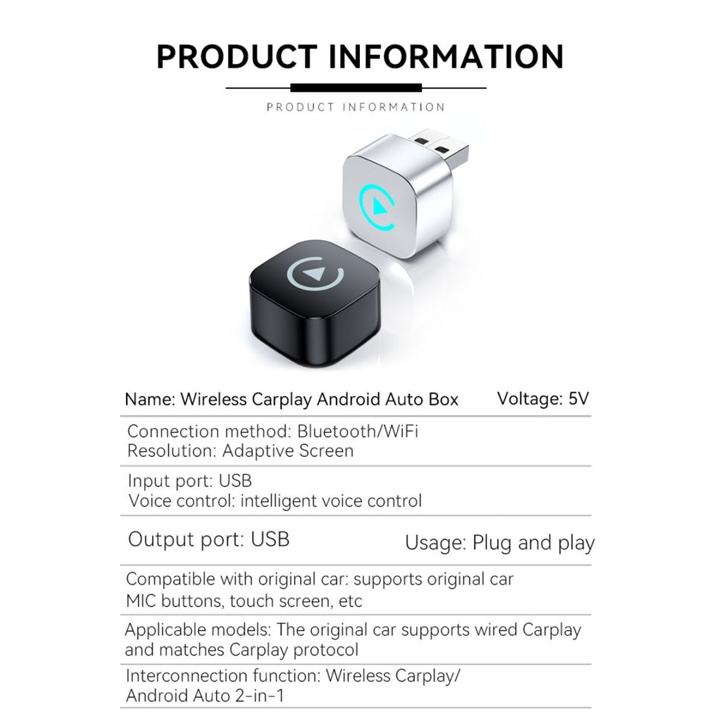 Wireless CarPlay Android Auto 2-in-1 Smart Car Connection Box for Apple iPhone and Android Devices, Size 33, Silver