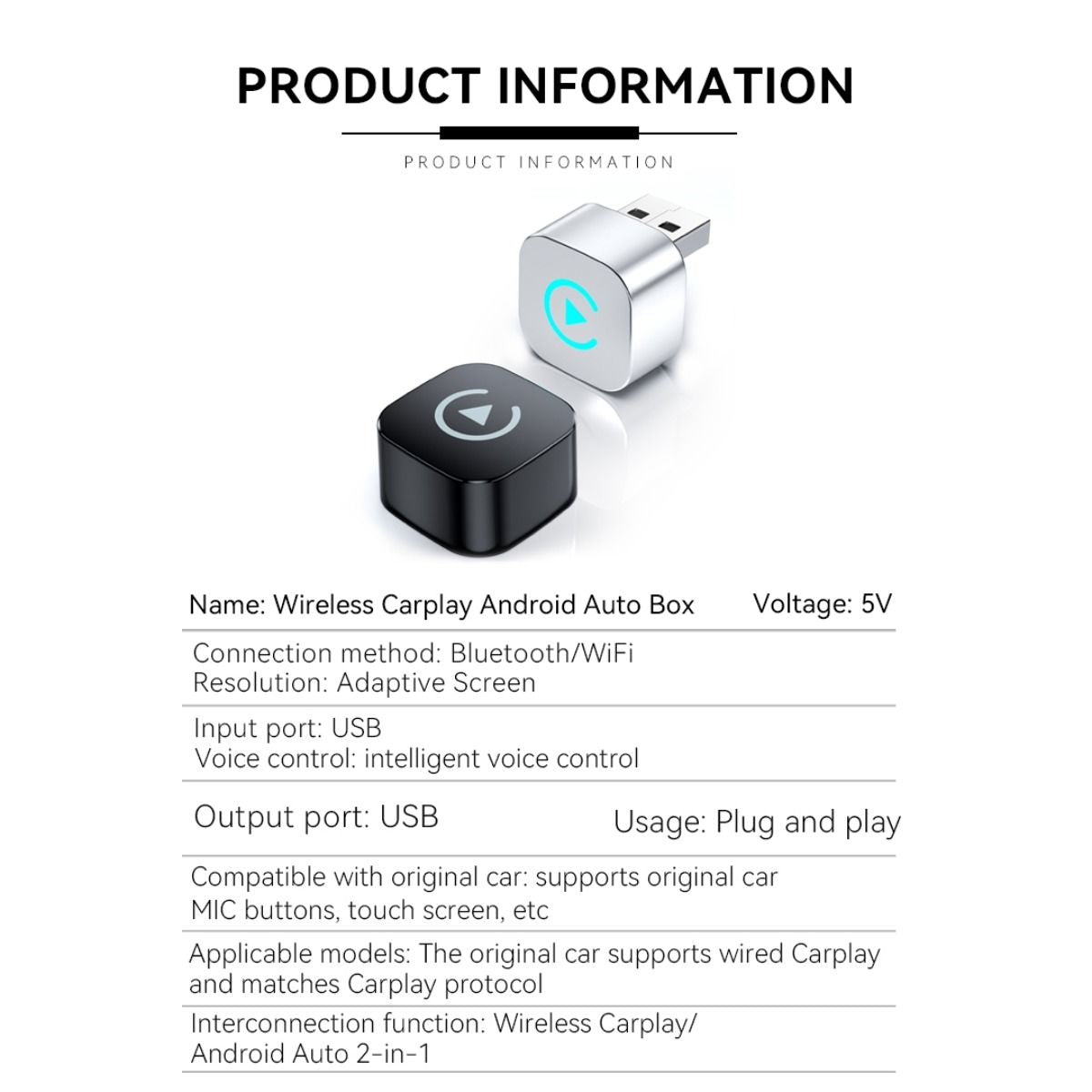 Wireless CarPlay Android Auto 2-in-1 Smart Car Connection Box for Apple iPhone and Android Devices, Size 33, Silver