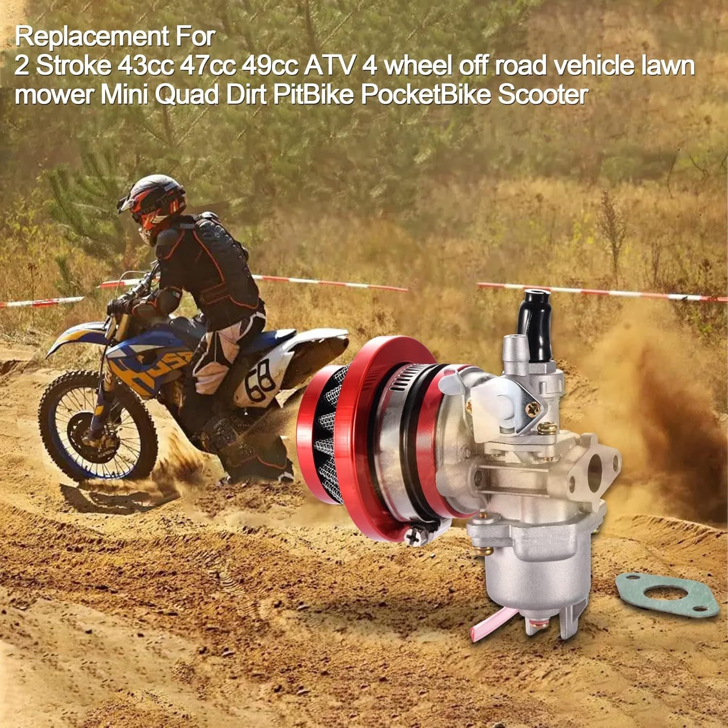 Red 2-Stroke 47cc 49cc Carburetor with Air Filter, Replacement for Mini ATV Quad Go-Kart Scooter Moped Dirt Bike