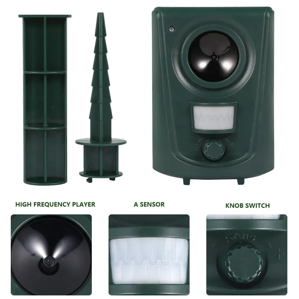 Ultrasonic Animal Deterrent Solar Powered Waterproof Outdoor Training Aid for Garden Yard Dark Green, Waterproof Design