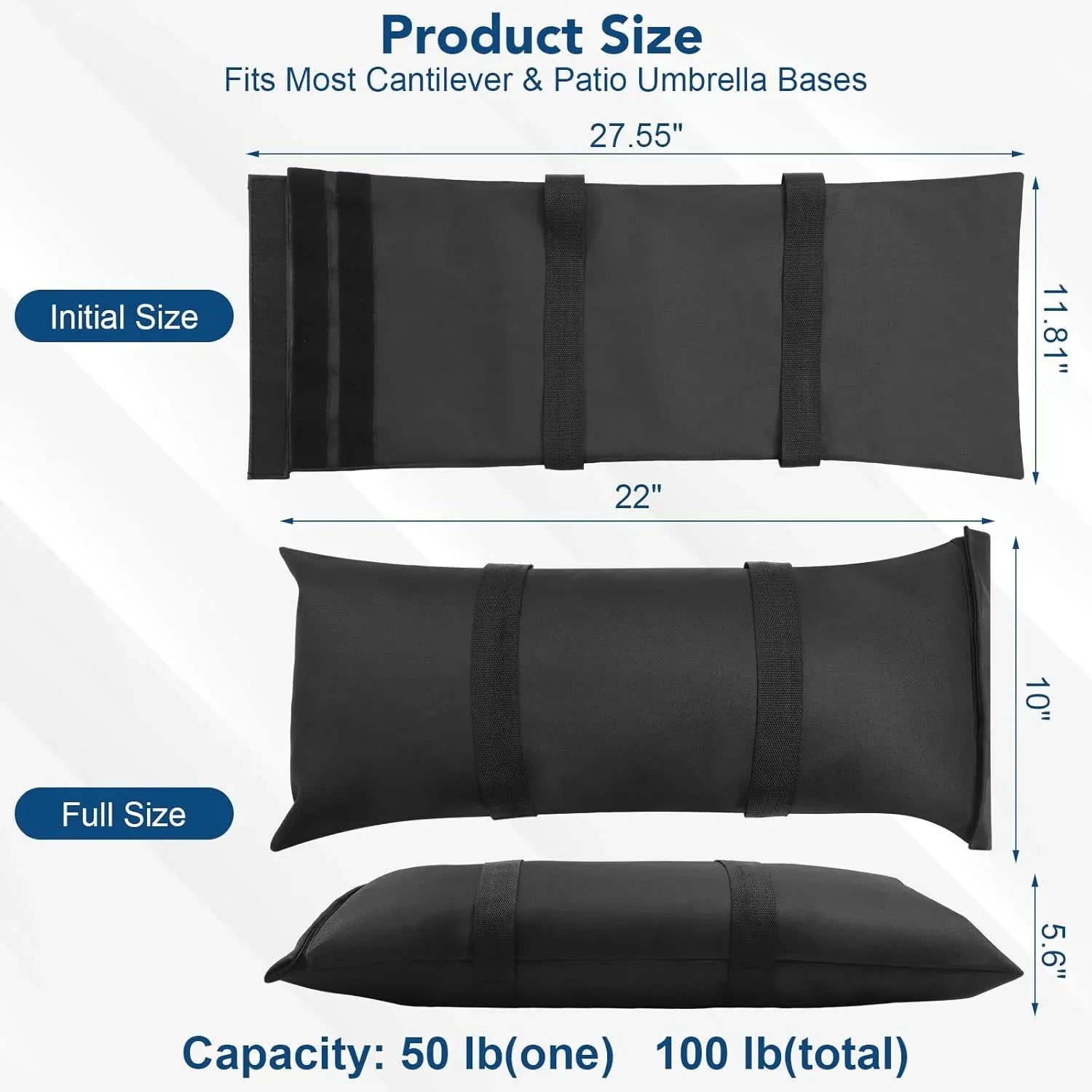 Umbrella Base Weights, 2 Pack Fillable Heavy Duty Weatherproof Sandbags for Cantilever Patio Umbrella, 100 LBS, Black