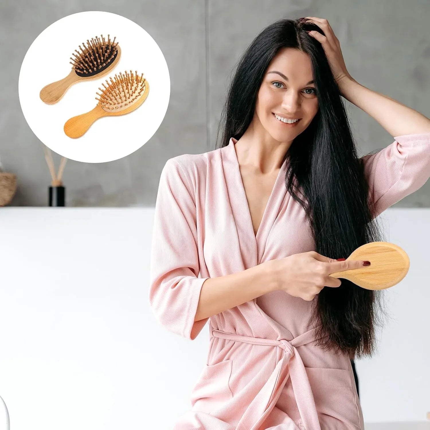 2 Pcs Mini Bamboo Hair Brush Set, Anti Static Detangling Scalp Massage Pocket Comb for Daily Hair Care, Natural Wood