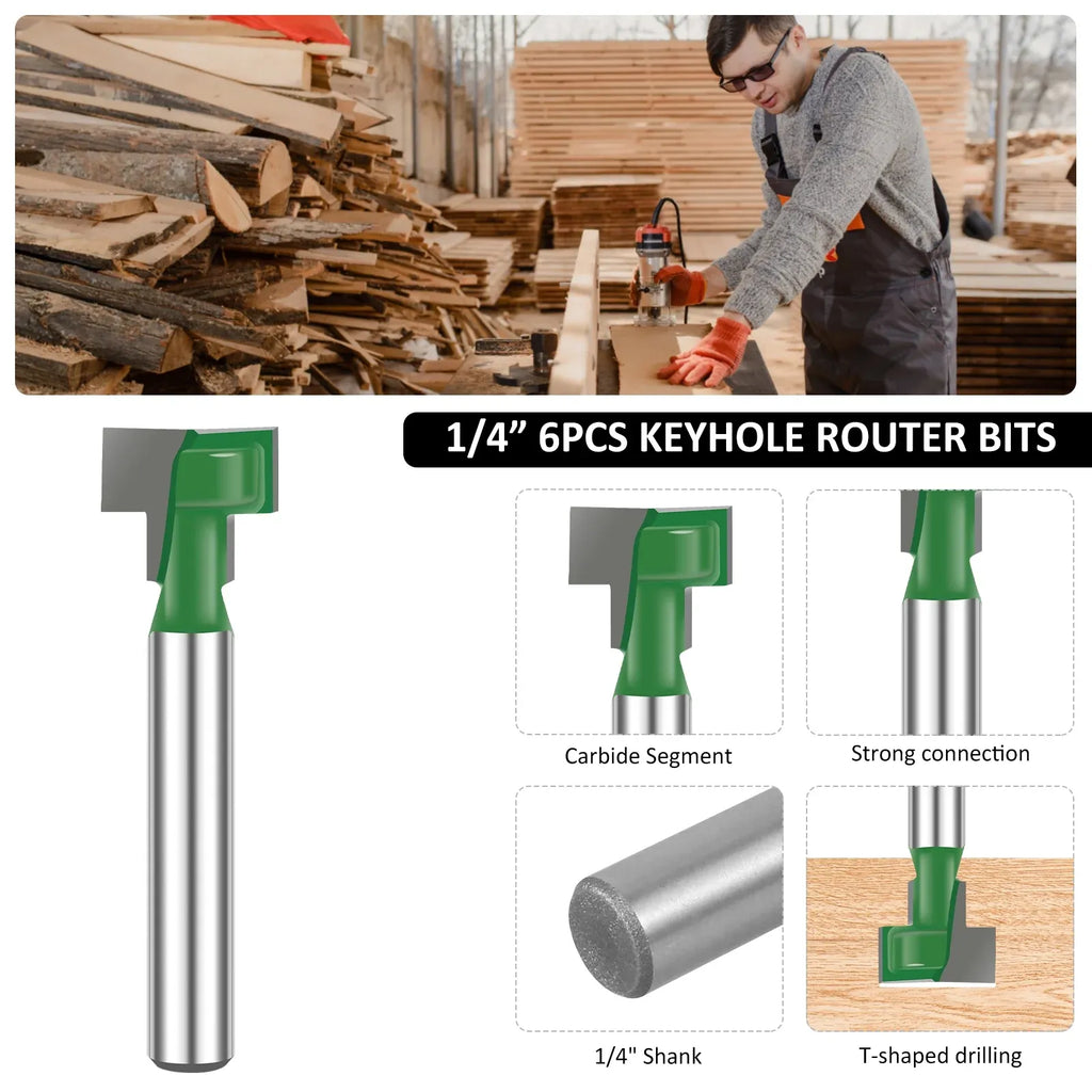 Keyhole Router Bits Set, 1/4 Inch Shank T Slot Milling Cutters for Woodworking, 6 Piece Set, Practical Everyday Use