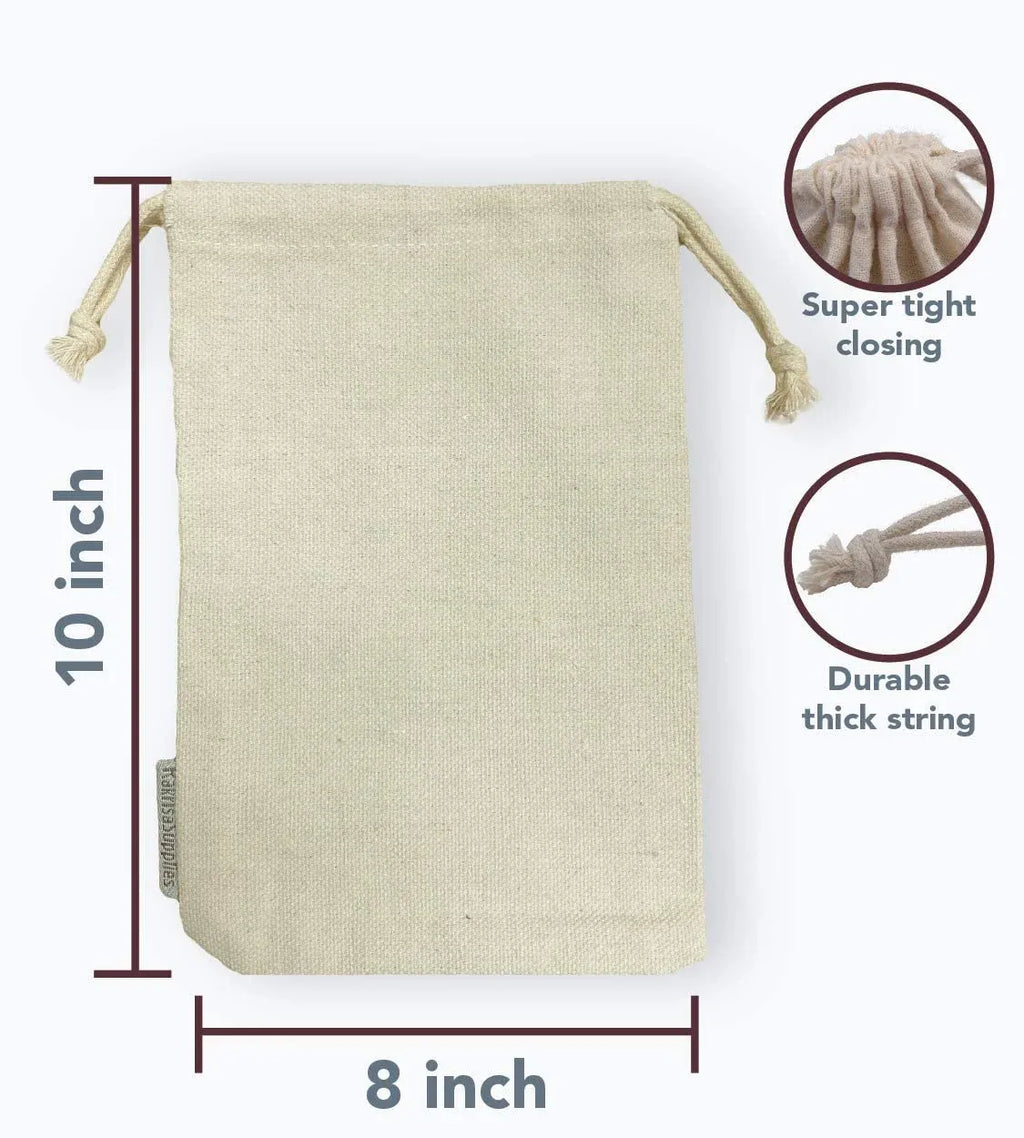 Cotton Drawstring Bags, Heavy Duty Reusable Muslin Storage Bags for Organizing and Gift Packing, 12 Pack 8 x 10 Inch, Natural