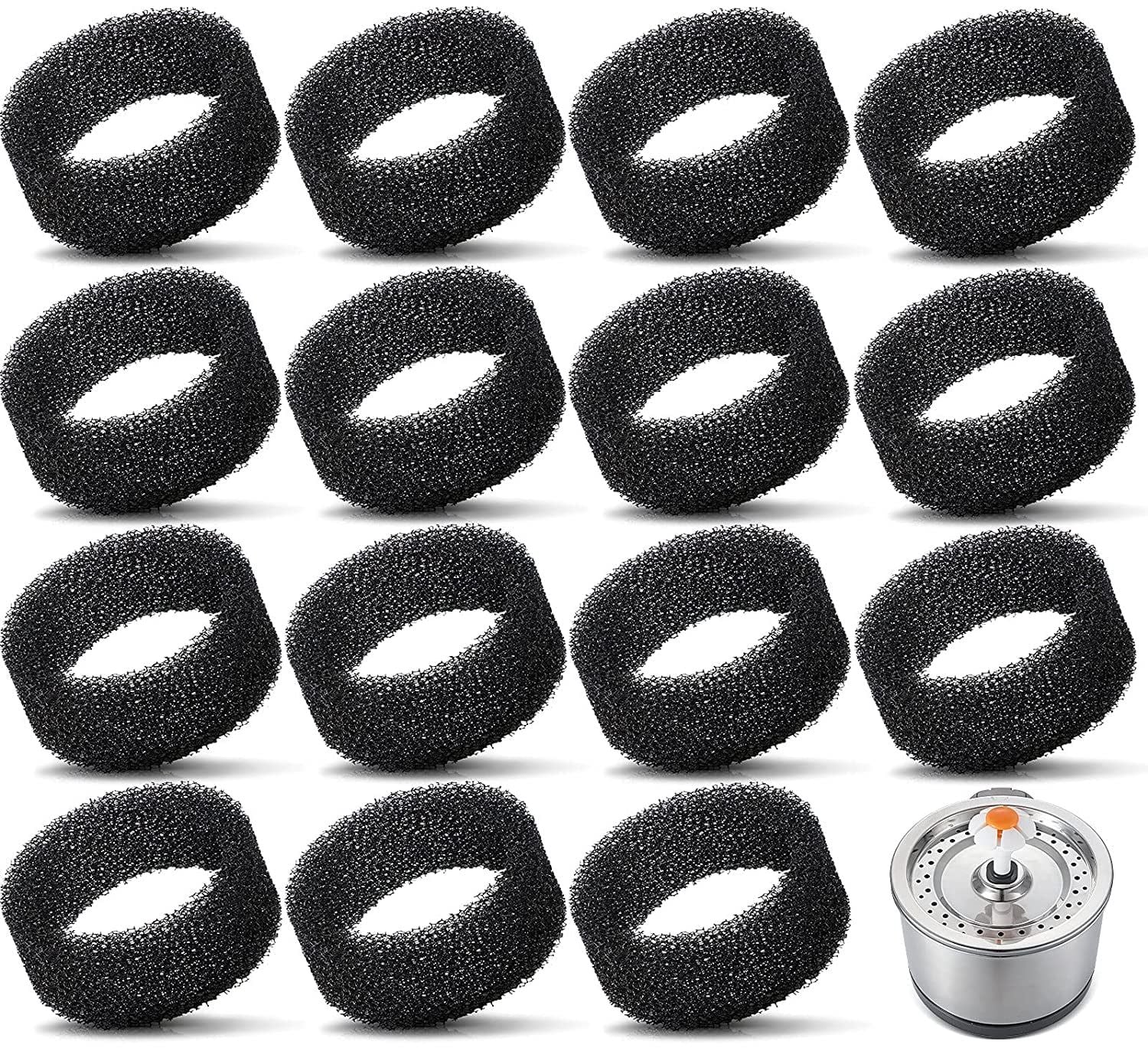 Pet Fountain Foam Filters, 16 Pack Round Sponge Replacement Filters for 2.5L 84 oz Stainless Steel Cat Fountain, Black