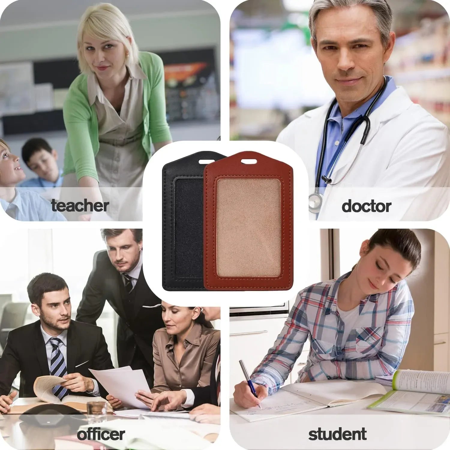 2 Pack Genuine Leather ID Badge Holders, Vertical Single Sided Clear Window for Office Staff and Employees, Brown Black