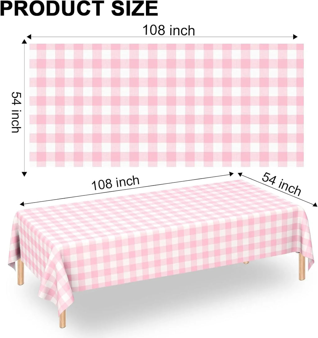 2 Pack Rectangular Plastic Tablecloth, Disposable Pink and White Gingham Checkered Table Cover for Parties, Picnics and Weddings, 54 x 108 Inch