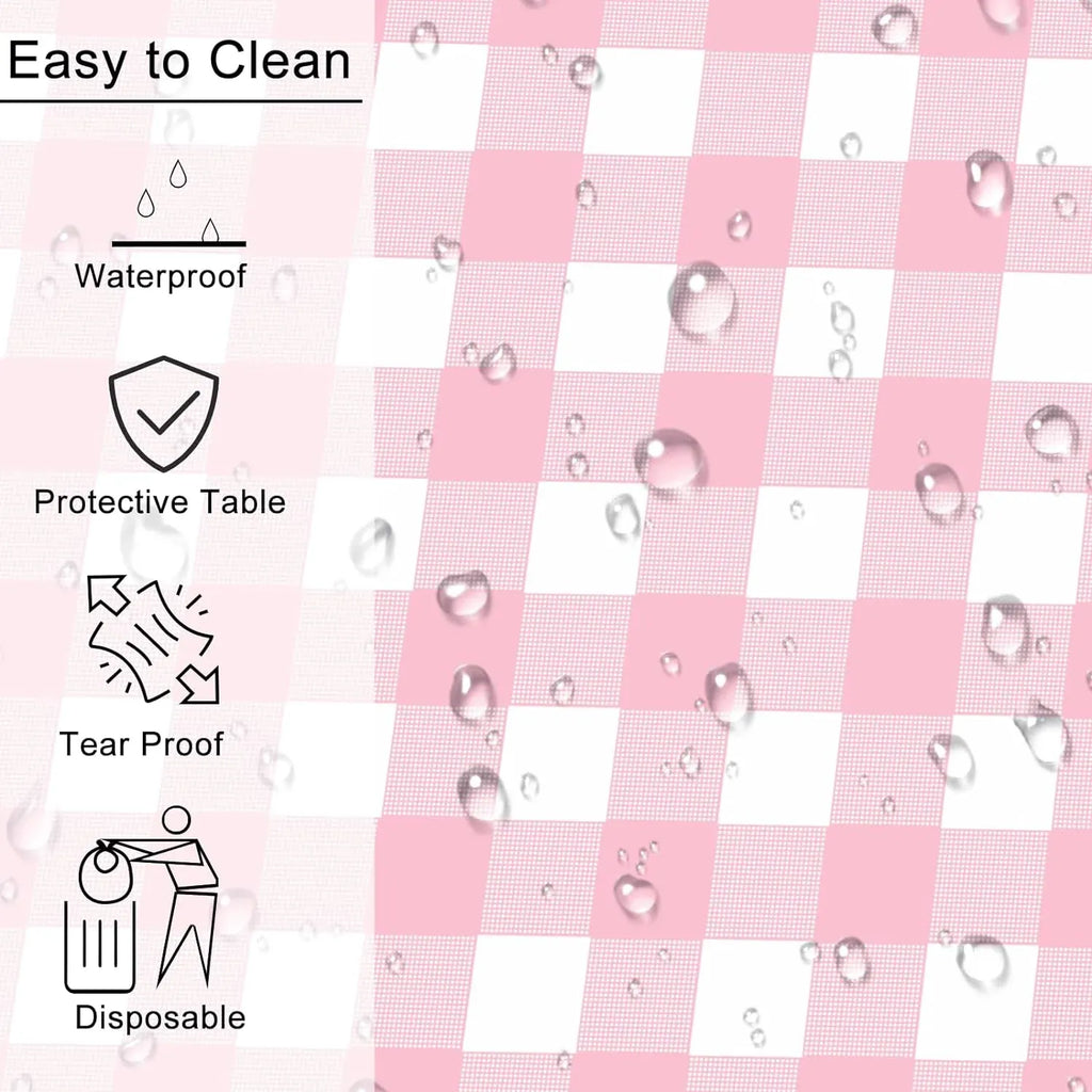 2 Pack Rectangular Plastic Tablecloth, Disposable Pink and White Gingham Checkered Table Cover for Parties, Picnics and Weddings, 54 x 108 Inch