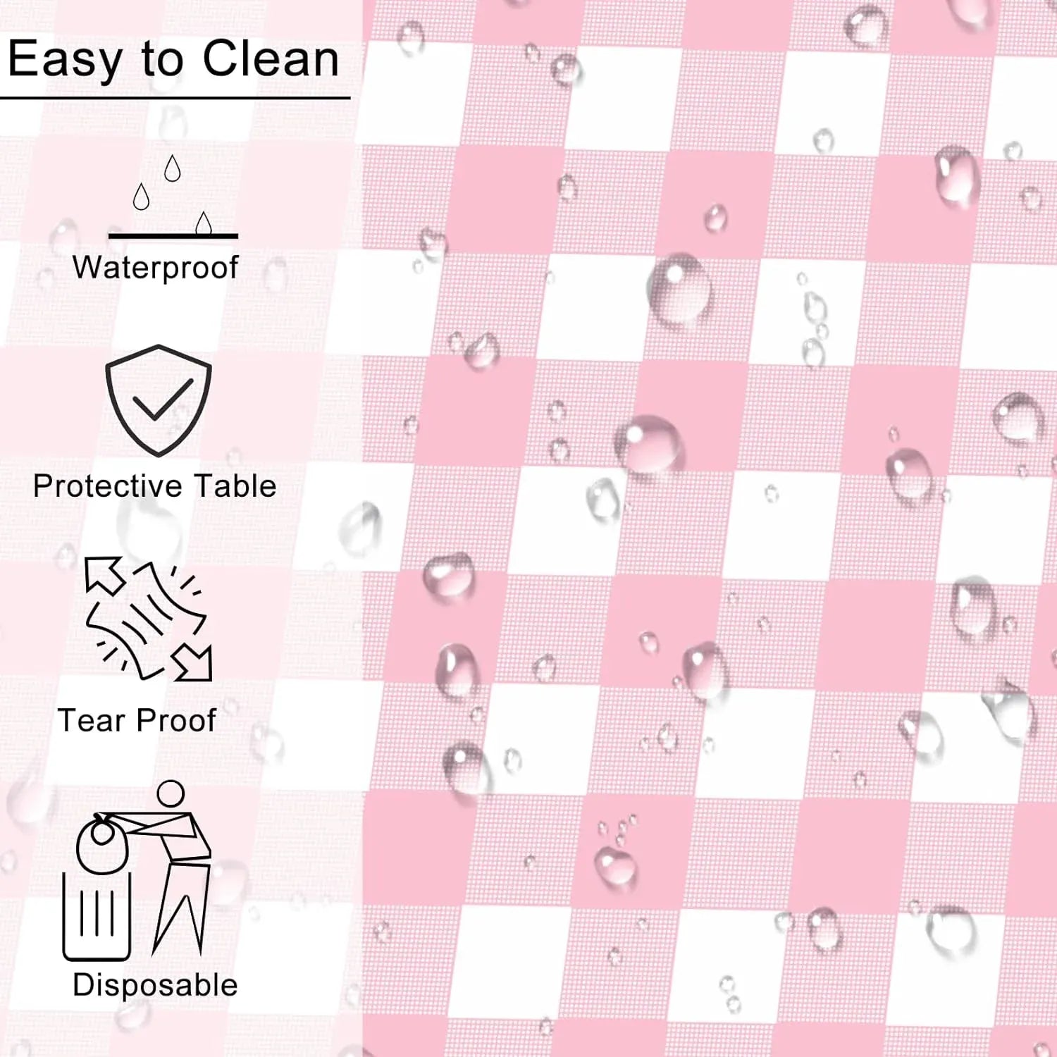 2 Pack Rectangular Plastic Tablecloth, Disposable Pink and White Gingham Checkered Table Cover for Parties, Picnics and Weddings, 54 x 108 Inch
