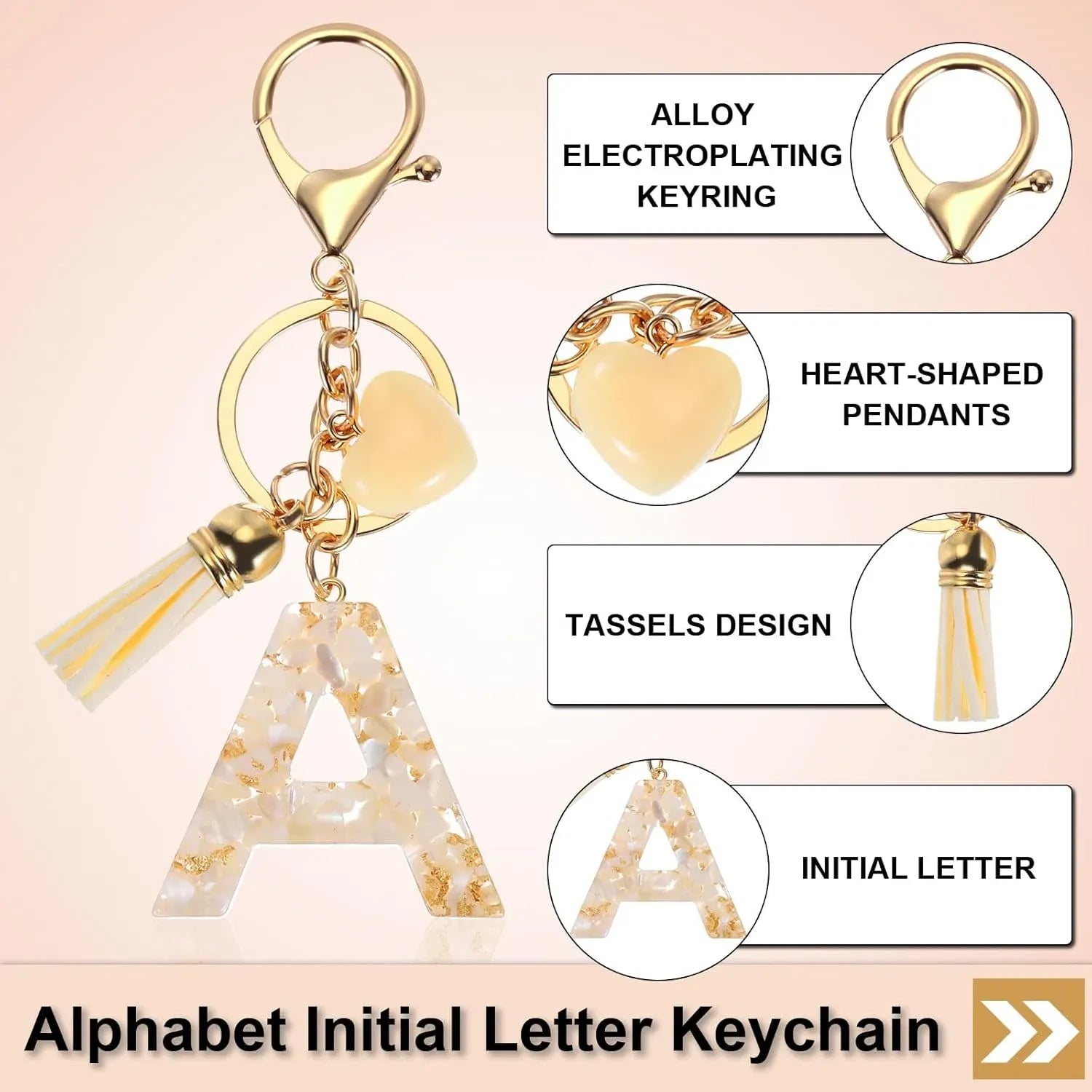 Letter A Keychain with Tassel and Bead Charm, Gold Tone Initial Bag Charm for Keys and Handbags, Cream White, Daily Comfort Use