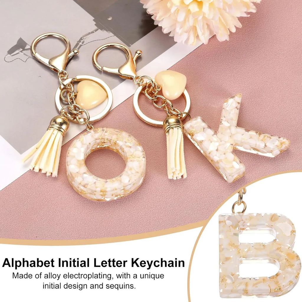 Initial B Keychain with Tassel and Bead Charm for Bag Purse Backpack Keys, Gold Tone Beige, Daily Comfort Use, for Men Women and Everyday Wear