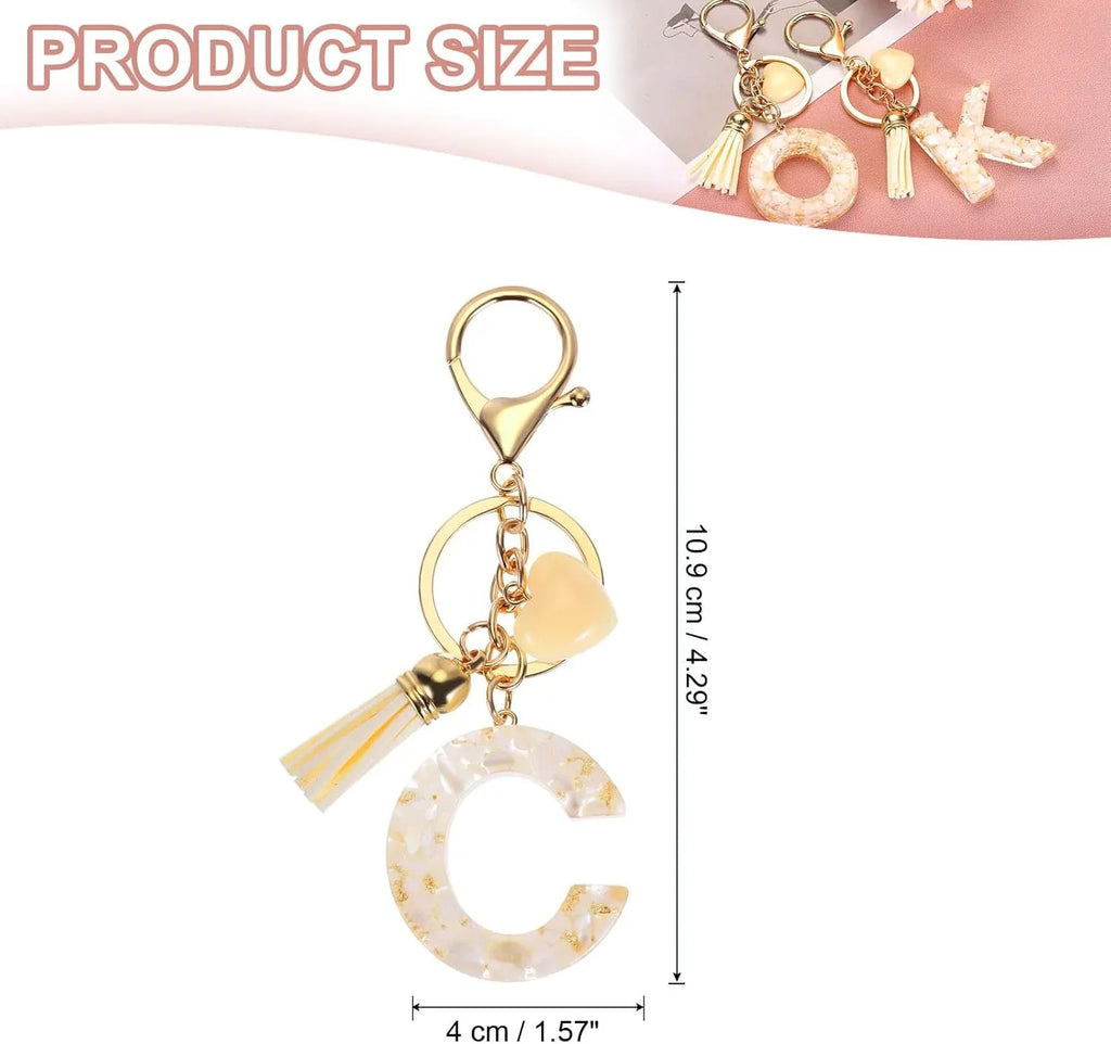 Initial Letter Keychain with Tassel and Lobster Clasp for Bag Purse Keys, Cream Gold C, Letter C Option, Daily Comfort Use